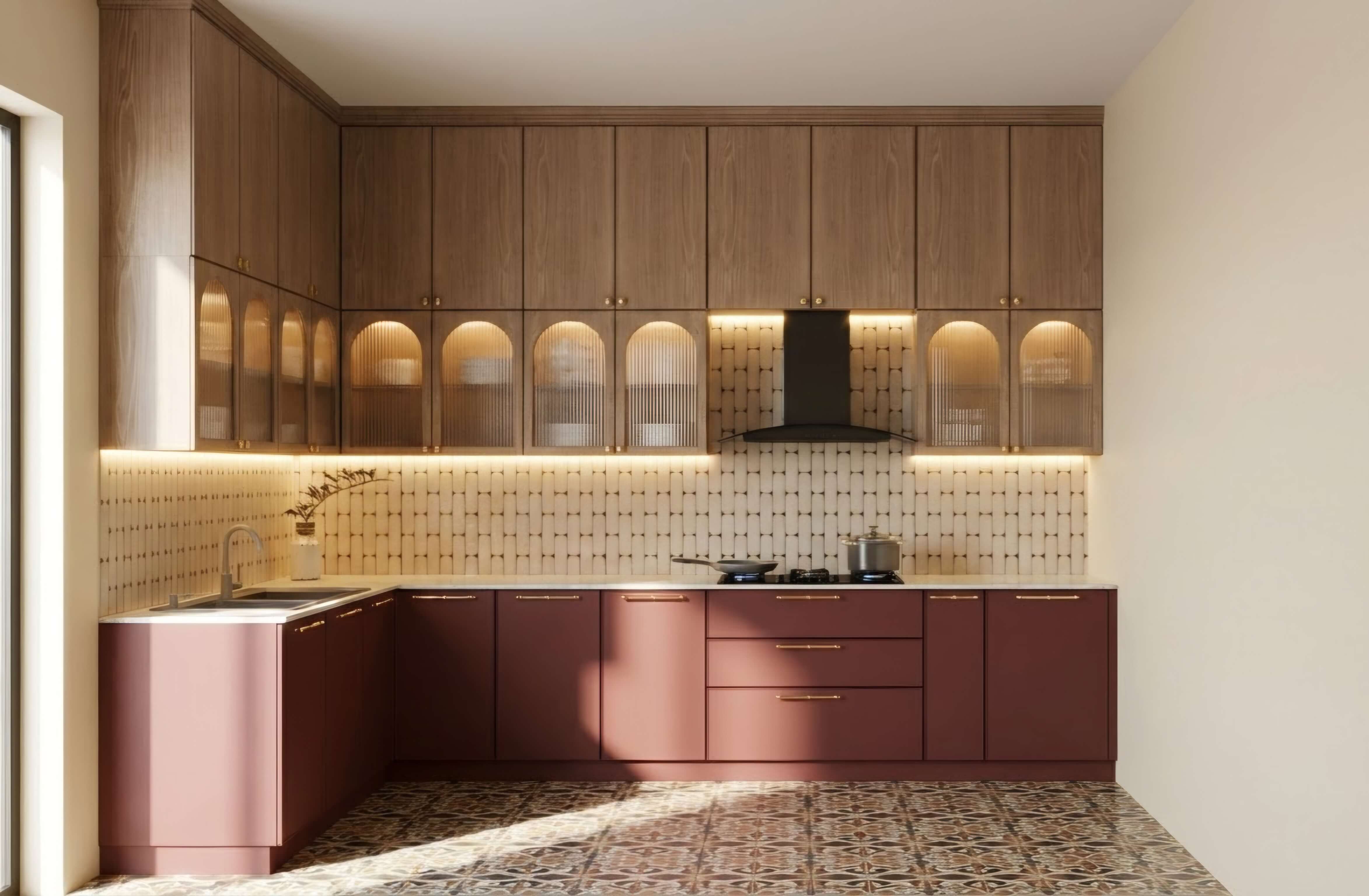 Modular kitchen with efficient storage and warm cabinetry