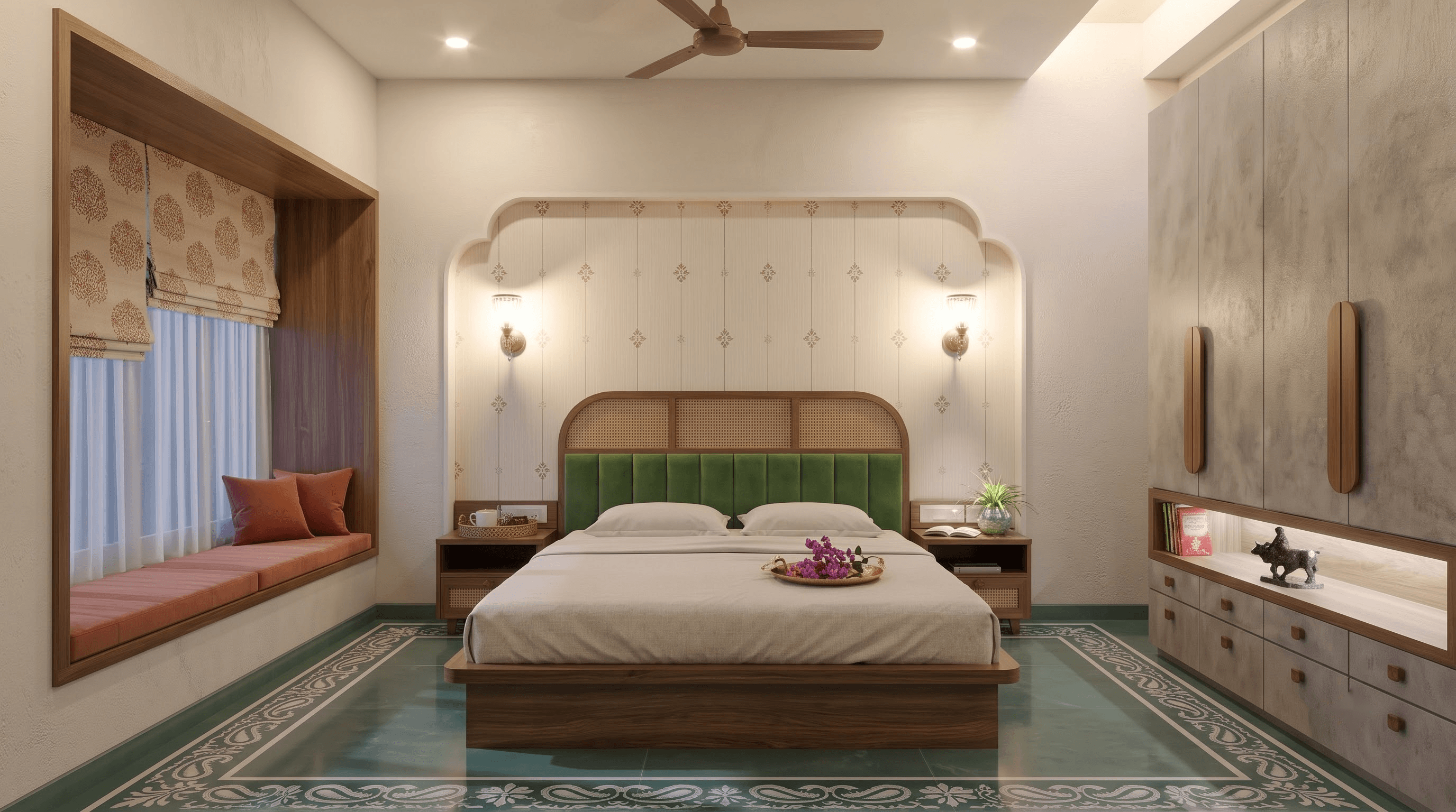 Tropical bedroom with soft natural textures and warm styling