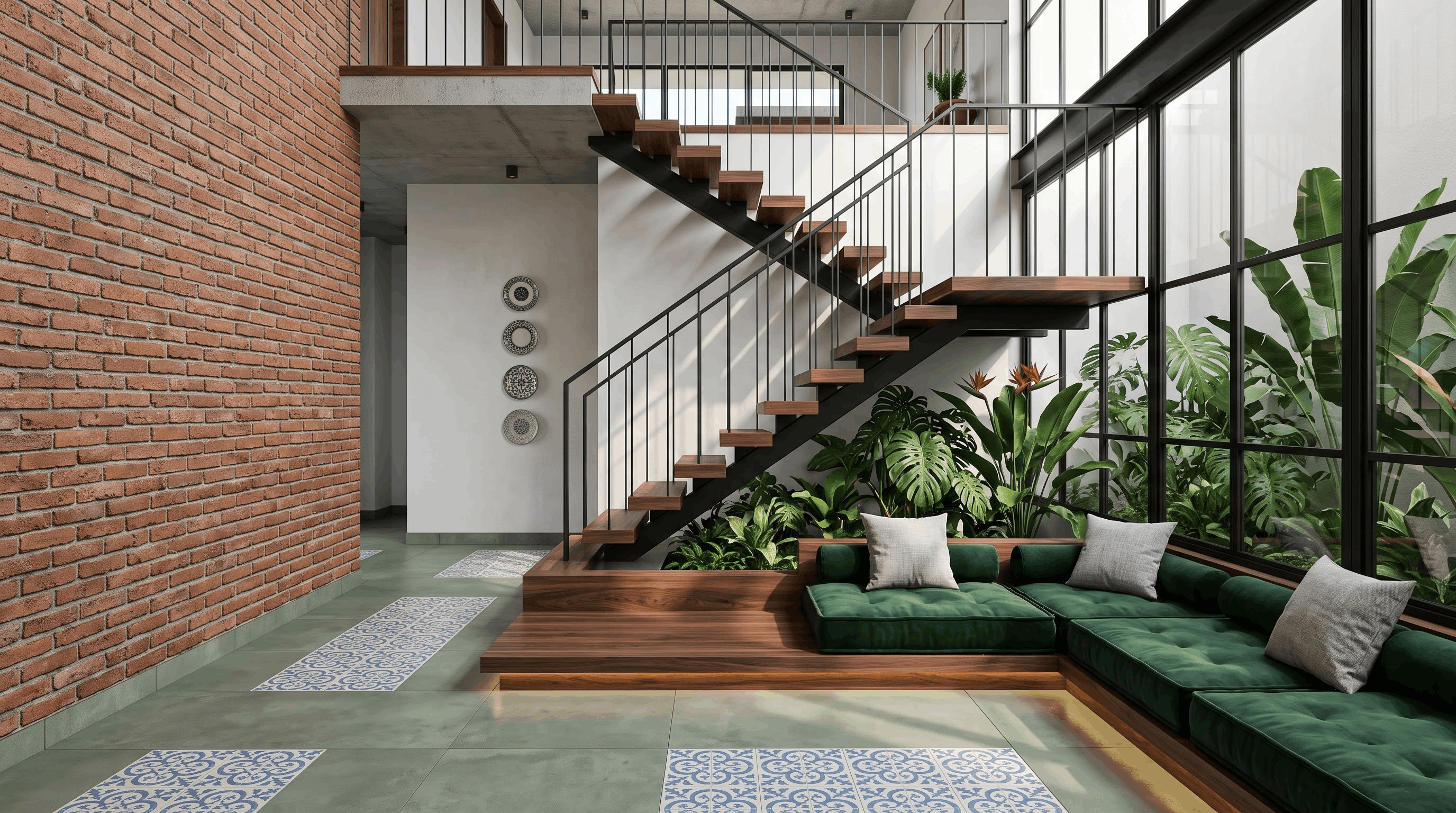 Tropical living room with natural textures and soft homely light