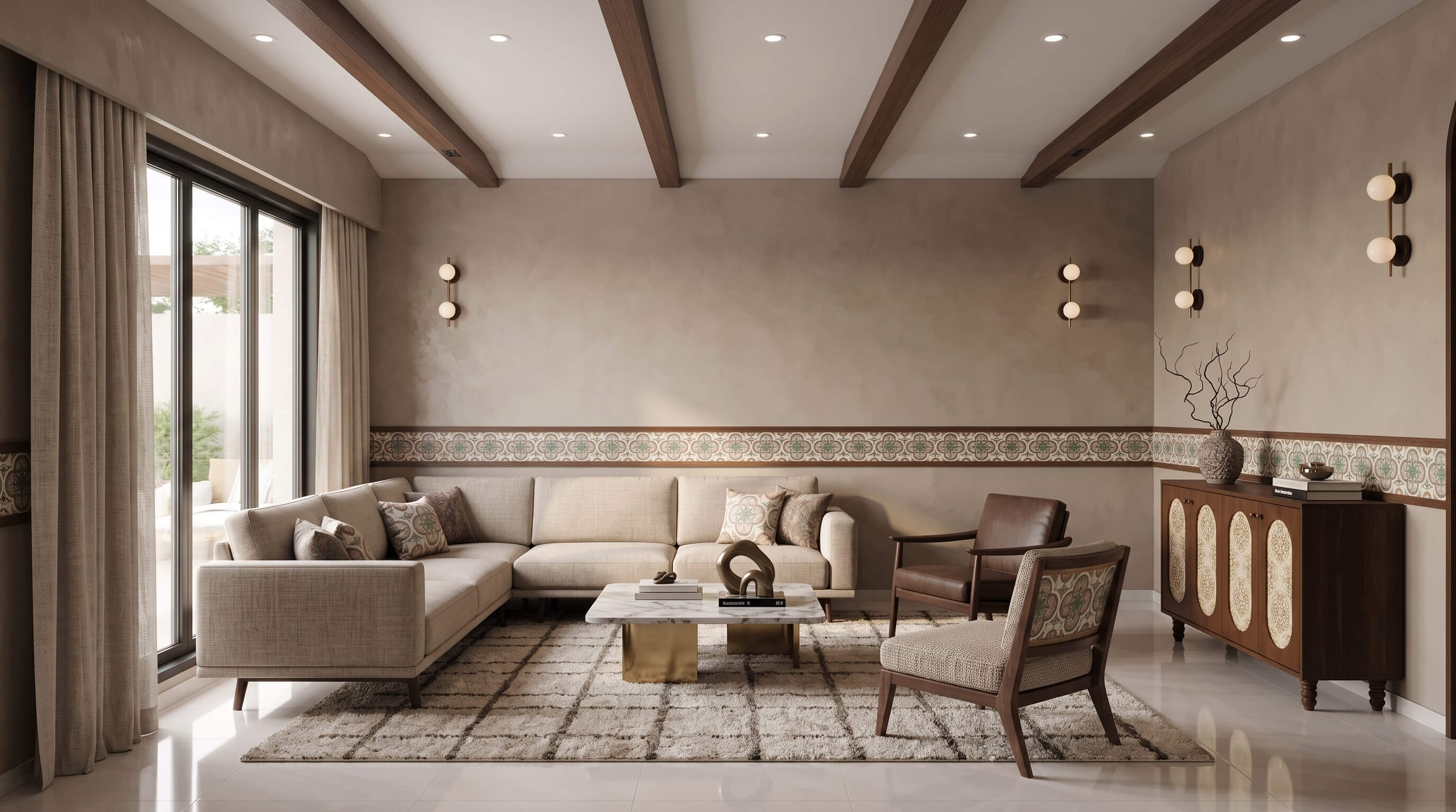 Tropical living room with warm materials and relaxed seating