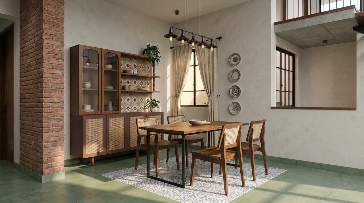 Tropical dining room with warm surfaces and relaxed styling